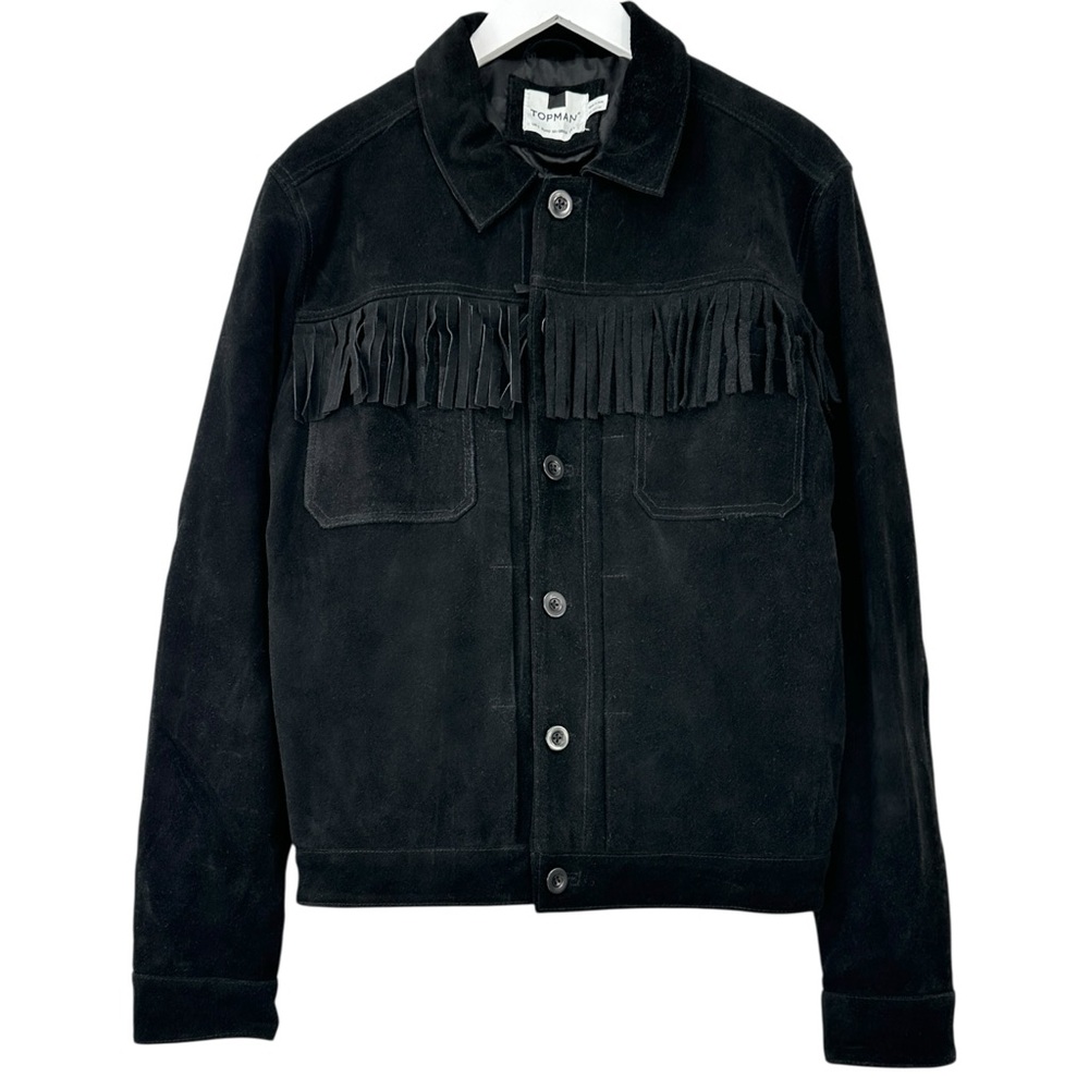 Topman Black Smooth Genuine Suede Leather Fringe Trim Western Style Jacket sz L